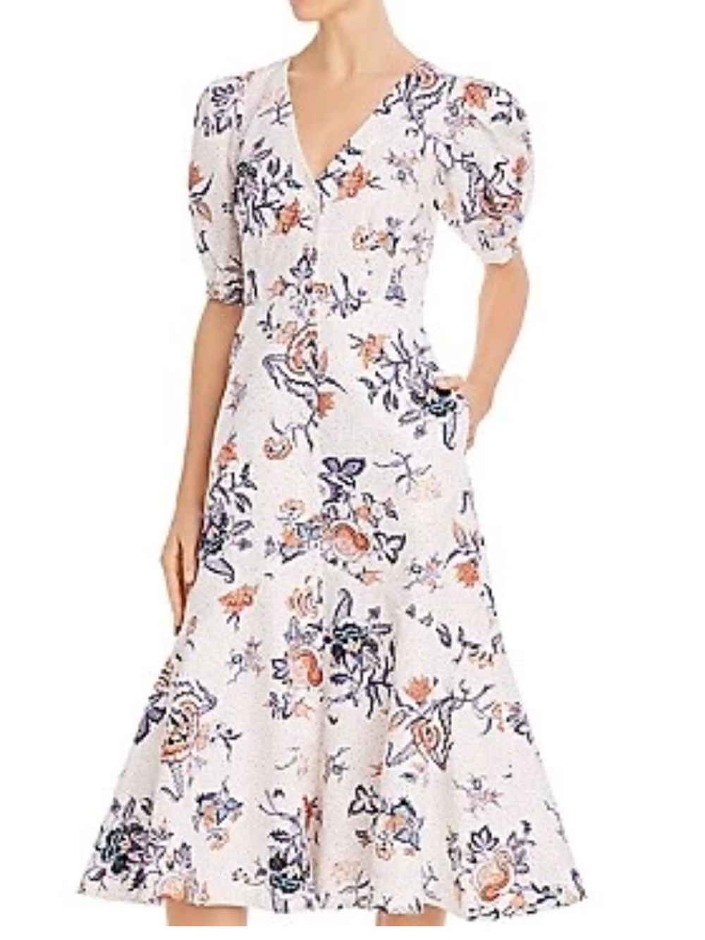Rebecca Taylor Linen Cotton Floral Midi Dress Size 8